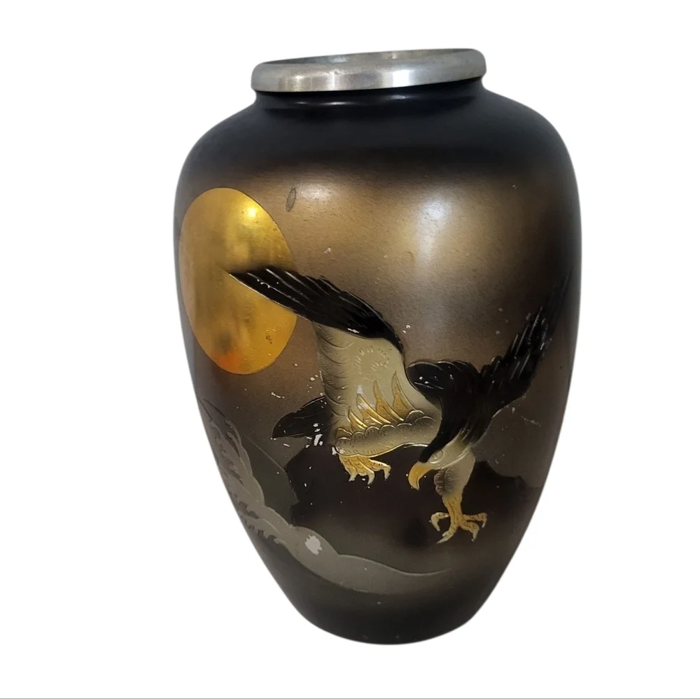 Vintage Japanese Damascene Vase with Eagle and Moon Motif